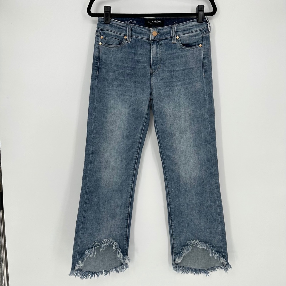 Liverpool The Crop Flare Hi Low 5 PKT Fray Hem 26" La Playa Stretchy Jeans 6 28 - Picture 2 of 10